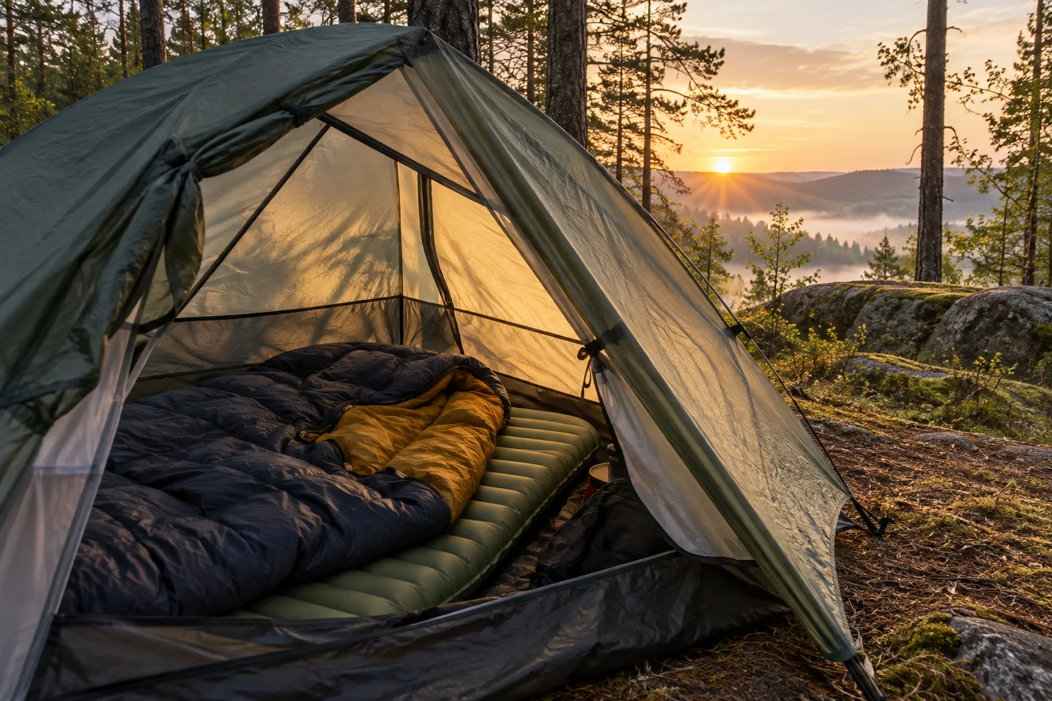 Isomatte und Schlafsack im Zelt bei Morgenlicht