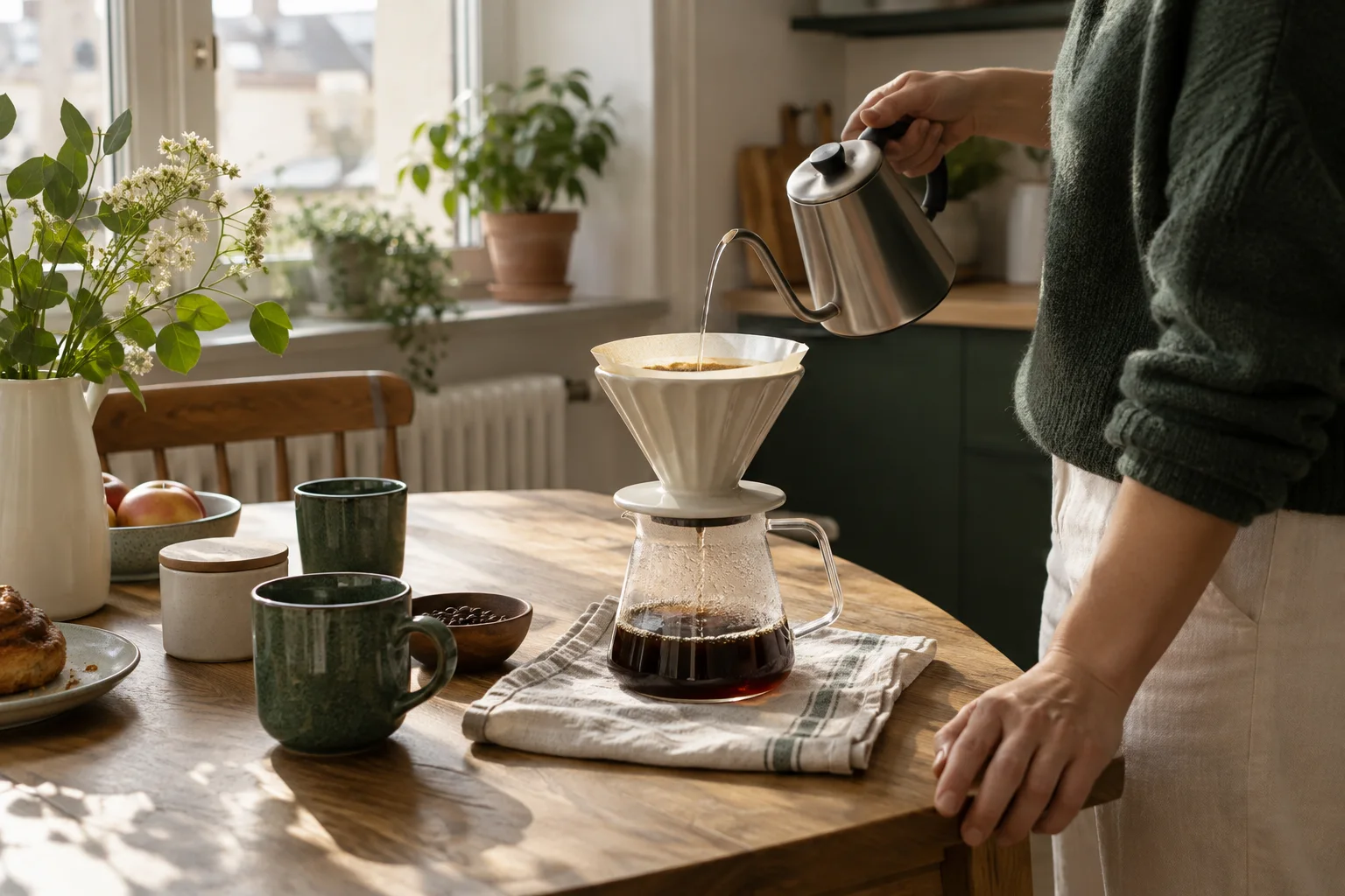 Wasser wird durch einen Handfilter in eine Kaffeekanne gegossen